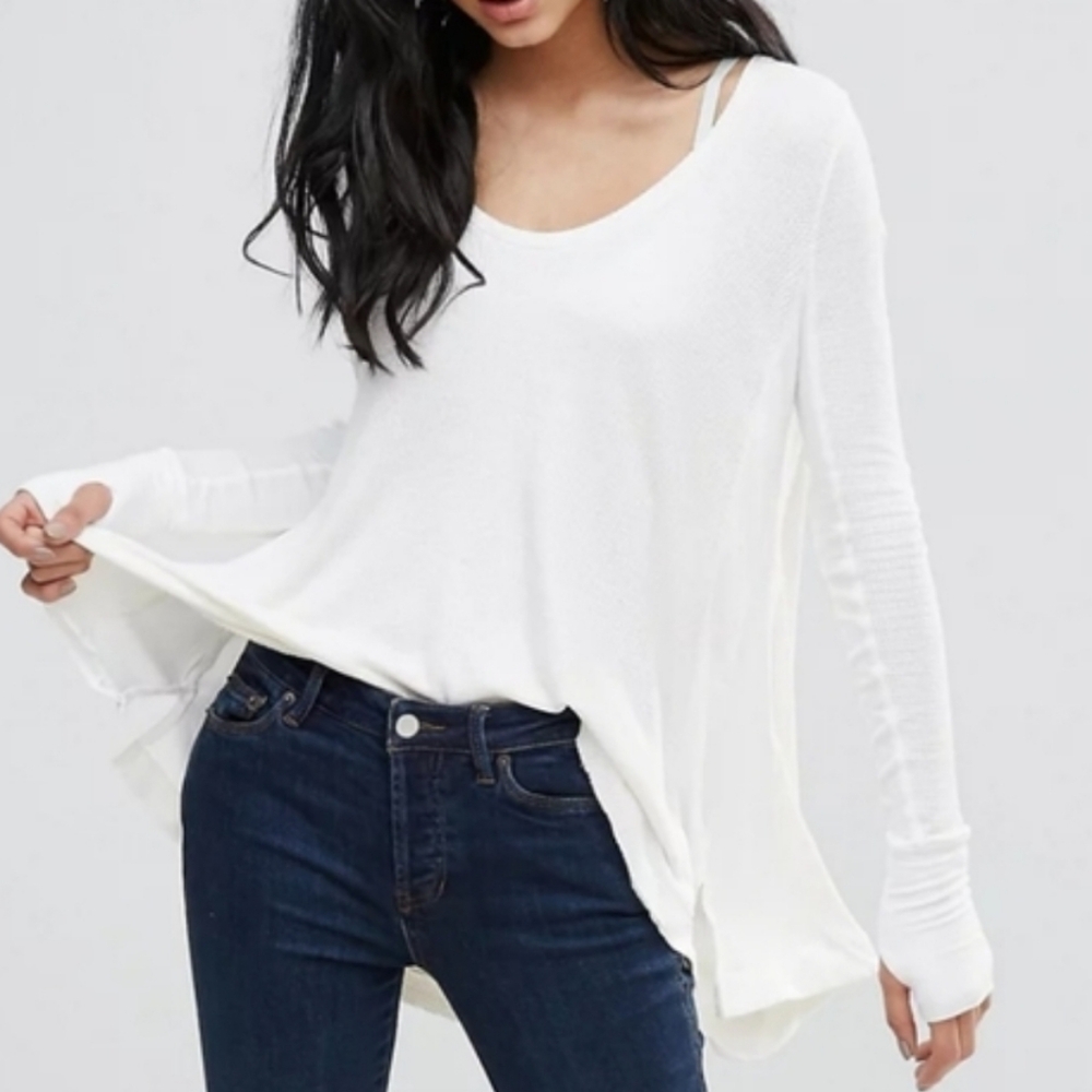Free People Malibu Thermal Tee Long Sleeve Thumbholes Scoop Neck Ivory Small EUC